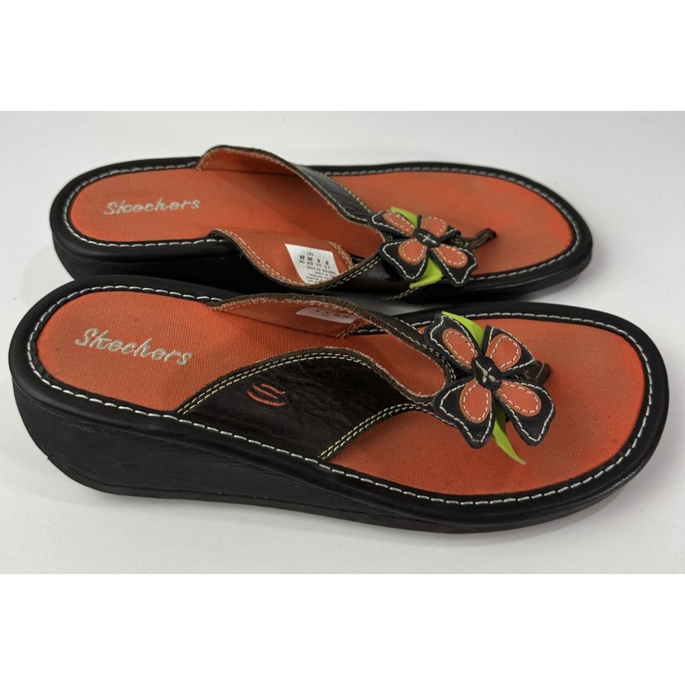 Skechers Y2K Style Flower Flip Flop Sandals Leather Size 9 Hippie Boho Festival - Picture 12 of 16